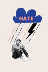 Image 3d zine vertical collage of minded man sit rain cloud storm hate problem bullying pressure hate stereotype tension