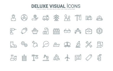 Outline symbols of manufacturing technology in factory and robots, energy and power production, safety equipment for worker. Labor Day in industry thin black and red line icons set vector illustration