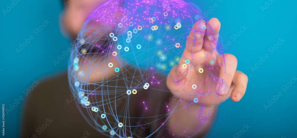 Poster Hand interacting with a digital globe, representing global networking and connectivity.
