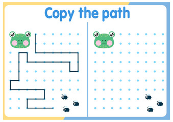 Activities for children. Copy the path. Logical games for children. Vector illustration. Square format of the book funny animals	