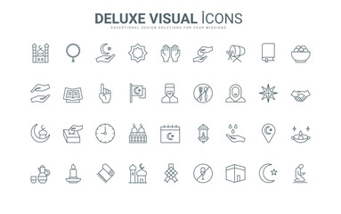 Muslim prayer on carpet and mosque building, Mecca and Ramadan Kareem thin black and red outline religious symbols, book of Quran and worship vector illustration. Religion of Islam line icons set.