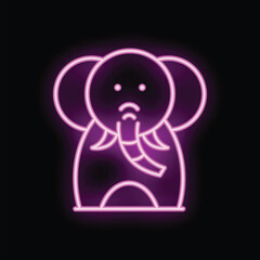Neon sign depicting a cute cartoon elephant, glowing pink against a black background