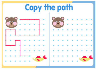 Activities for children. Copy the path. Logical games for children. Vector illustration. Square format of the book funny animals	