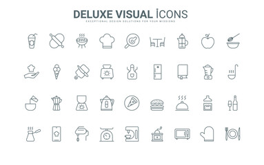 Outline symbols of electrical appliances and chefs tools to fry, mix and cook, prepare food and drink, kitchenware and recipe book. Kitchen thin black and red line icons set vector illustration