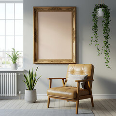 Elegant living room corner featuring a tan leather armchair, ornate gold frame, and potted plants.