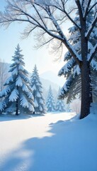 Serene Winter Wonderland Frosted Trees and Snow-Covered Landscape, Peaceful Snowy Scene Perfect for Holiday Cards and Seasonal Designs