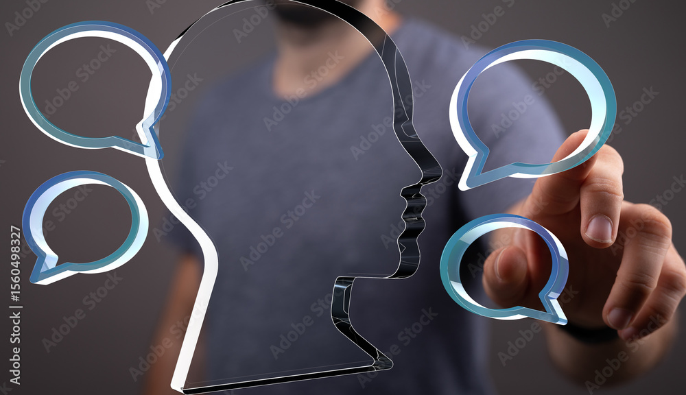 Aufkleber Abstract image of a person interacting with translucent speech bubbles, representing communication and networking.