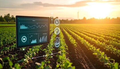 A digital dashboard overlays live farm visuals, showing real-time crop analytics, temperature, and AI predictions in a clean and intuitive UI, blending digital technology with modern agriculture.