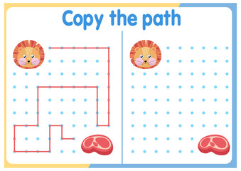 Activities for children. Copy the path. Logical games for children. Vector illustration. Square format of the book funny animals	