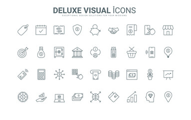 Outline symbols of piggy bank and application for phone, wallet with coins and cash machine for dollar currency, safe and bag. Money payment thin black and red line icons set vector illustration