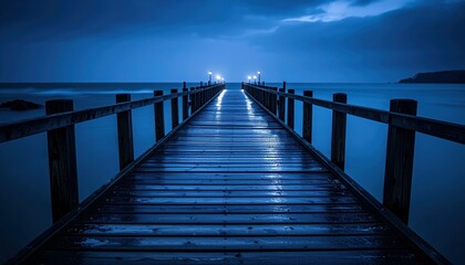 Obraz premium Twilight Harbor Dock Under Stormy Sky with Drenched Surface