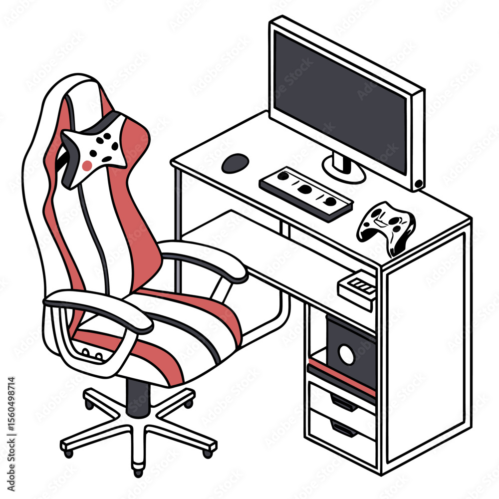 Fototapete Isometric view of a gaming setup with a red and white chair desk computer and gaming accessories shown