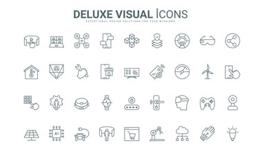 Digital science innovation to control VR glasses and gloves, modern robots, metaverse thin black and red symbols vector illustration. New smart technology of future and devices line icons set