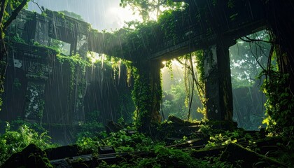 Serene Storm Overgrown Ruins with Dripping Eaves and Glowing Light