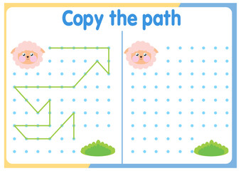 Activities for children. Copy the path. Logical games for children. Vector illustration. Square format of the book funny animals	