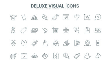 Magnet to attract customers and money, coupon and discounts, search for products to buy and sell thin black and red outline symbols, vector illustration. Sales funnel and SMM campaign line icons set