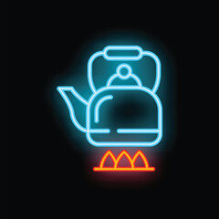 Blue neon sign of a teapot warming on a gas stove on a black background