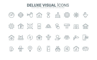 Outline indoor tech system with sensors control heat and light, lock door of building and electricity, electric appliances management. Smart home thin black and red line icons set vector illustration