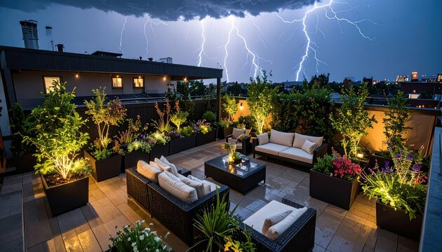 Drenched Rooftop Garden Under Dramatic Lightning Flash and Storm Clouds