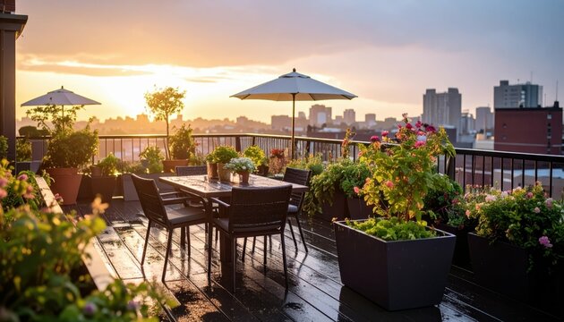 Serene Rooftop Garden at Dawn After a Refreshing Stormy Night - Powered by Adobe