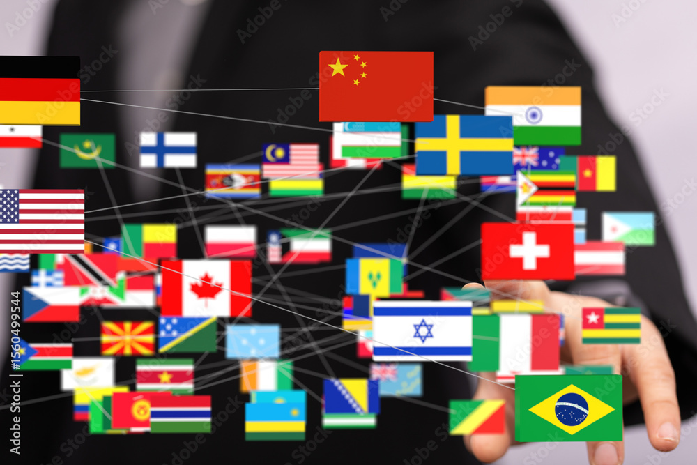 Poster Image of interconnected flags representing global collaboration and networking.