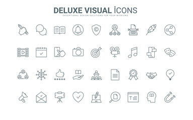 Outline marketing symbols, copyright protection of authors ideas, blog followers. Storytelling, content creation and publication in social media thin black and red line icons set vector illustration