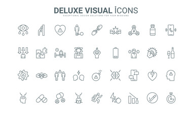 Pressure of social media and depression, difficulty and deadline at work, insomnia and anxiety thin black and red outline symbols, vector illustration. Causes and factors of stress line icons set