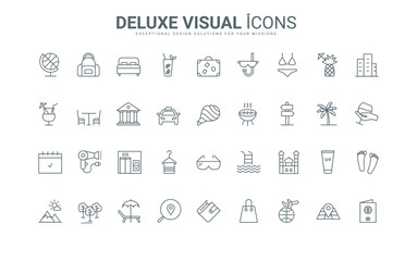 Diving and swimsuit, hotel and restaurant, swimming pool thin black and red outline symbols, vector illustration. Summer holidays, sea beach vacation, tourism and travel destination line icons set