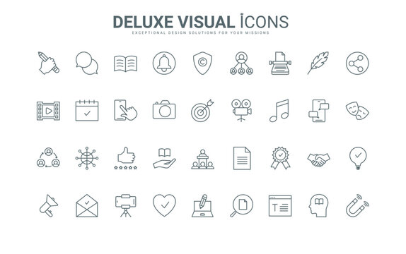 Outline marketing symbols, copyright protection of authors ideas, blog followers. Storytelling, content creation and publication in social media thin black and red line icons set vector illustration