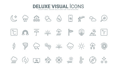 Humidity and temperature indicators search, meteorology vector illustration. Rain and clouds, snow and wind, sun and moon in sky thin black and red outline symbols. Weather forecast line icons set.