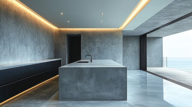 Ultramodern minimalist kitchen design with ocean view and concrete elements