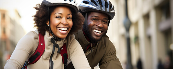 Joyful cyclists smiling together in a vibrant urban setting during daylight