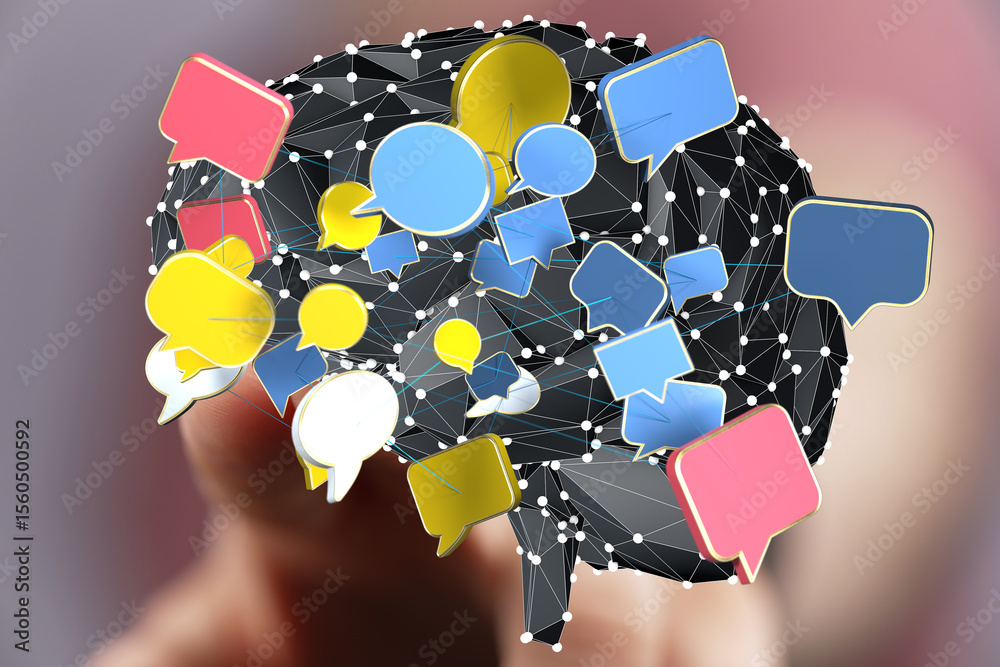 Poster Abstract 3D illustration of a brain with colorful speech bubbles, symbolizing communication and networking.