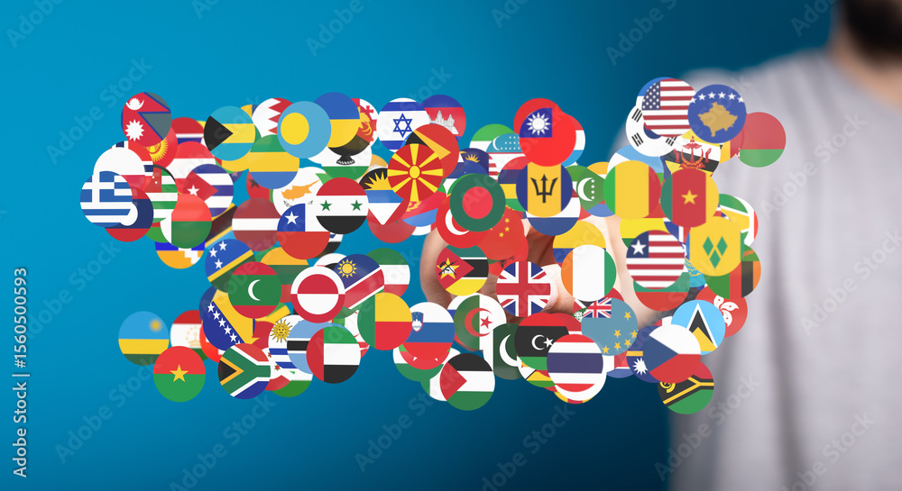 Poster Diverse flags interconnected, symbolizing global collaboration and international relations.