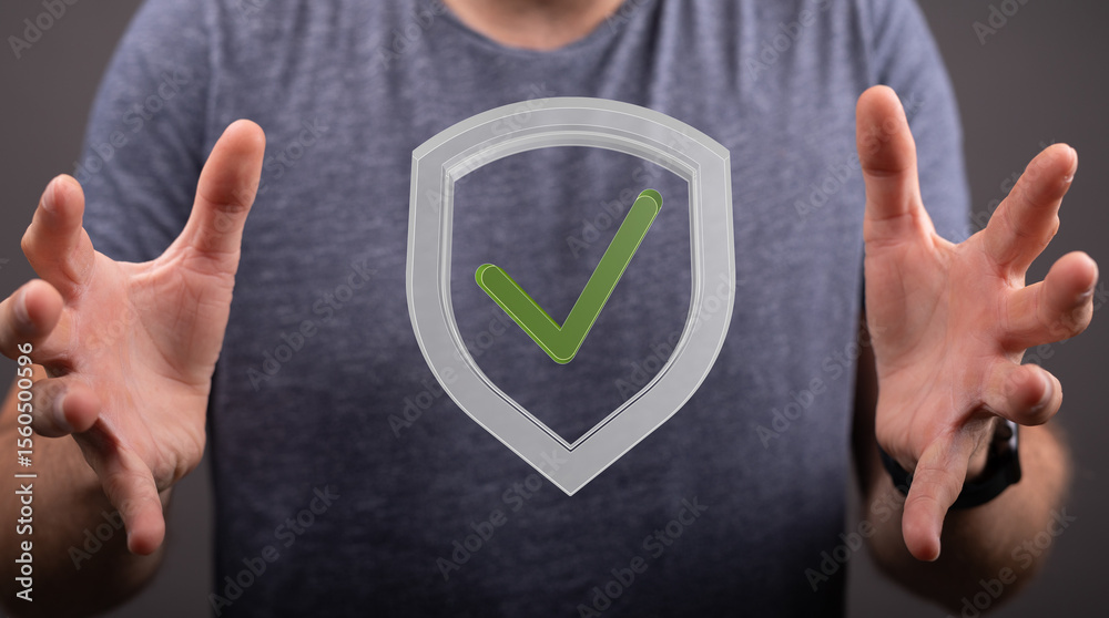 Poster Image of hands holding a digital shield with a checkmark, representing security and data protection.