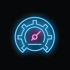 Neon sign of pressure gauge with arrow in gear icon isolated on black background. Concept of pressure control. Vector illustration