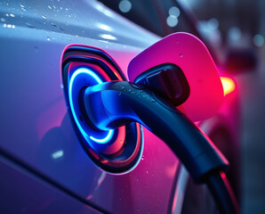 Modern electric vehicle charging at twilight, showcasing vibrant lights and innovative technology