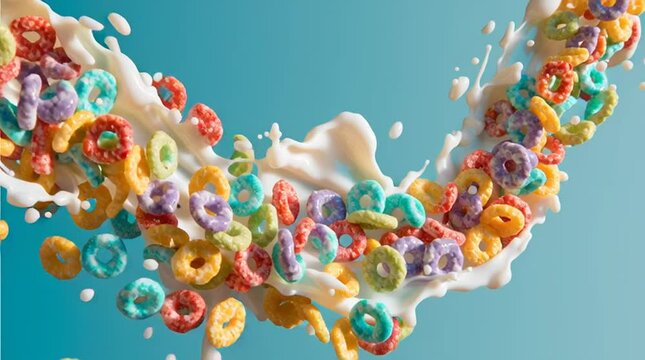 Dynamic close-up of colorful cereal loops splashing into a bowl of milk, captured in slow motion.

