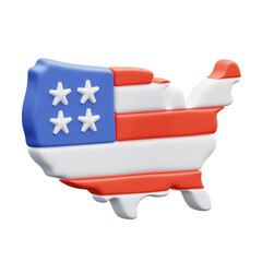 Red, white, and blue 3D render of the United States map in the style of the American flag. Patriotic and celebratory.