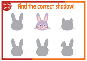 find the correct shadow shape. Kids educational puzzle. Funny little wild mammal cartoon character. Find the correct silhouette. Kids logic educational task. Vector	
