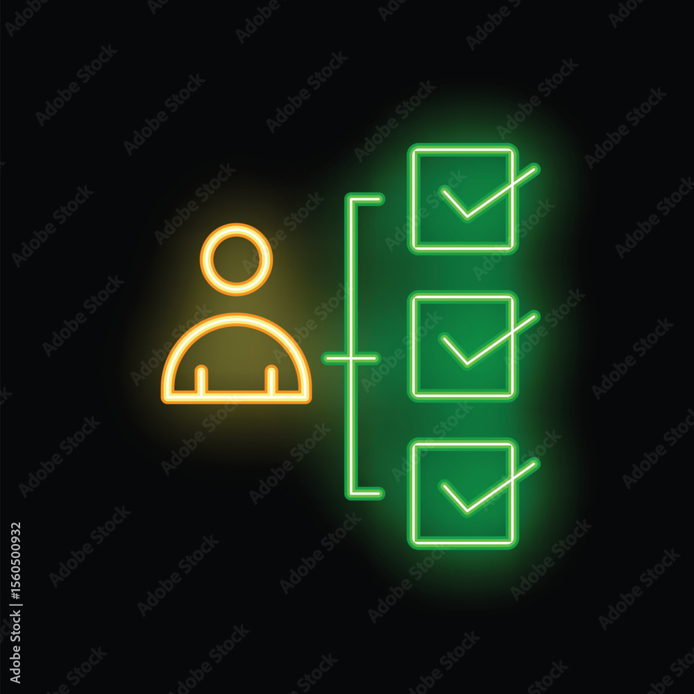 Poster neon style icon of businessman completing tasks with check marks on checklist