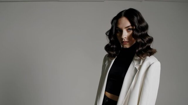 Stylish brunette woman in white jacket and black crop top posing against a grey studio wall. Elegant and minimalistic aesthetic with confident body language, ideal for fashion, branding, or model port