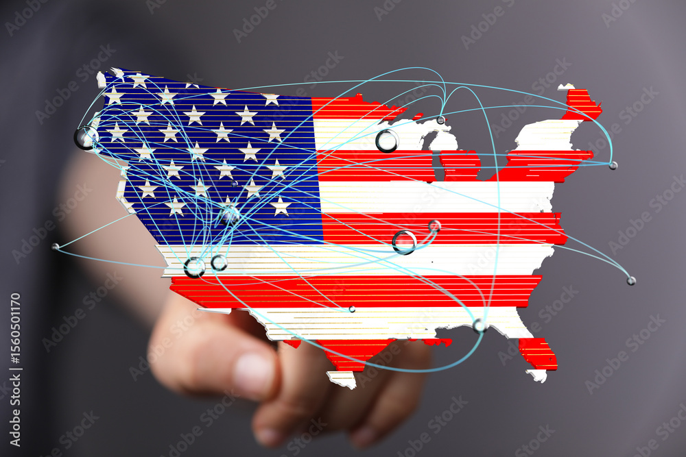 Poster High-quality image of a US map with network connections, ideal for technology and connectivity concepts.