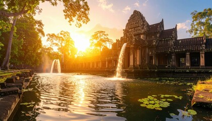 Ancient Temple Submerged in Water with Golden Hour Sunset Glow