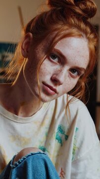 Red-haired woman in an artist's studio wearing a paint-stained oversized T-shirt and ripped jeans, sitting on the floor. A creative and raw mood captured with natural lighting, ideal for artistic, boh