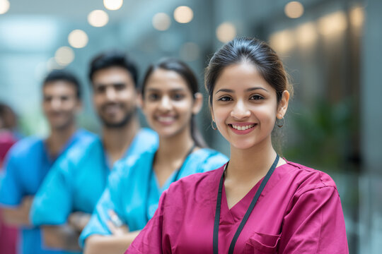 A group of Indian nurses in scrubs standing confidently in a modern hospital corridor, smiling and interacting, multicultural environment, soft lighting,