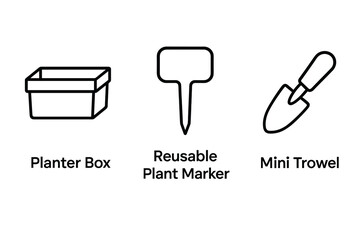 Gardening tool illustration with planter box, reusable plant marker, and mini trowel vector icon isolated illustration