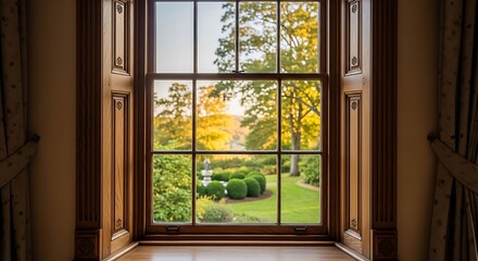 Fototapeta premium View through a wooden window, showcasing a lush green garden with trees and a fountain on a sunny day.