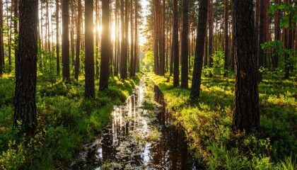 Obraz premium Serene Trail Through Submerged Forest at Dawn with Soft Light Effects