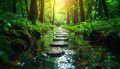 Serene Submerged Forest Trail with Rocks and Glowing Sunlight